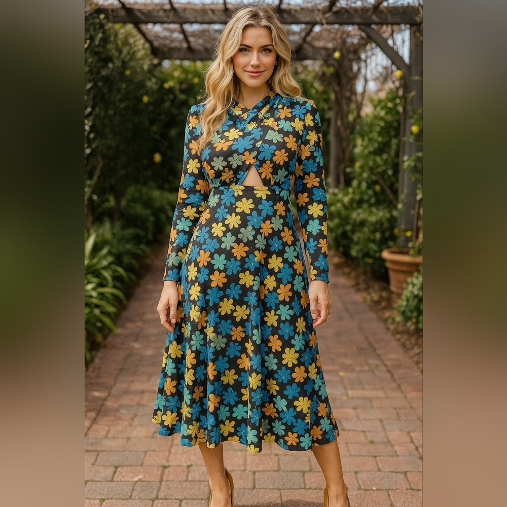 NWOT Finders Keepers Floral Midi Length Dress US 4 Orange Blue